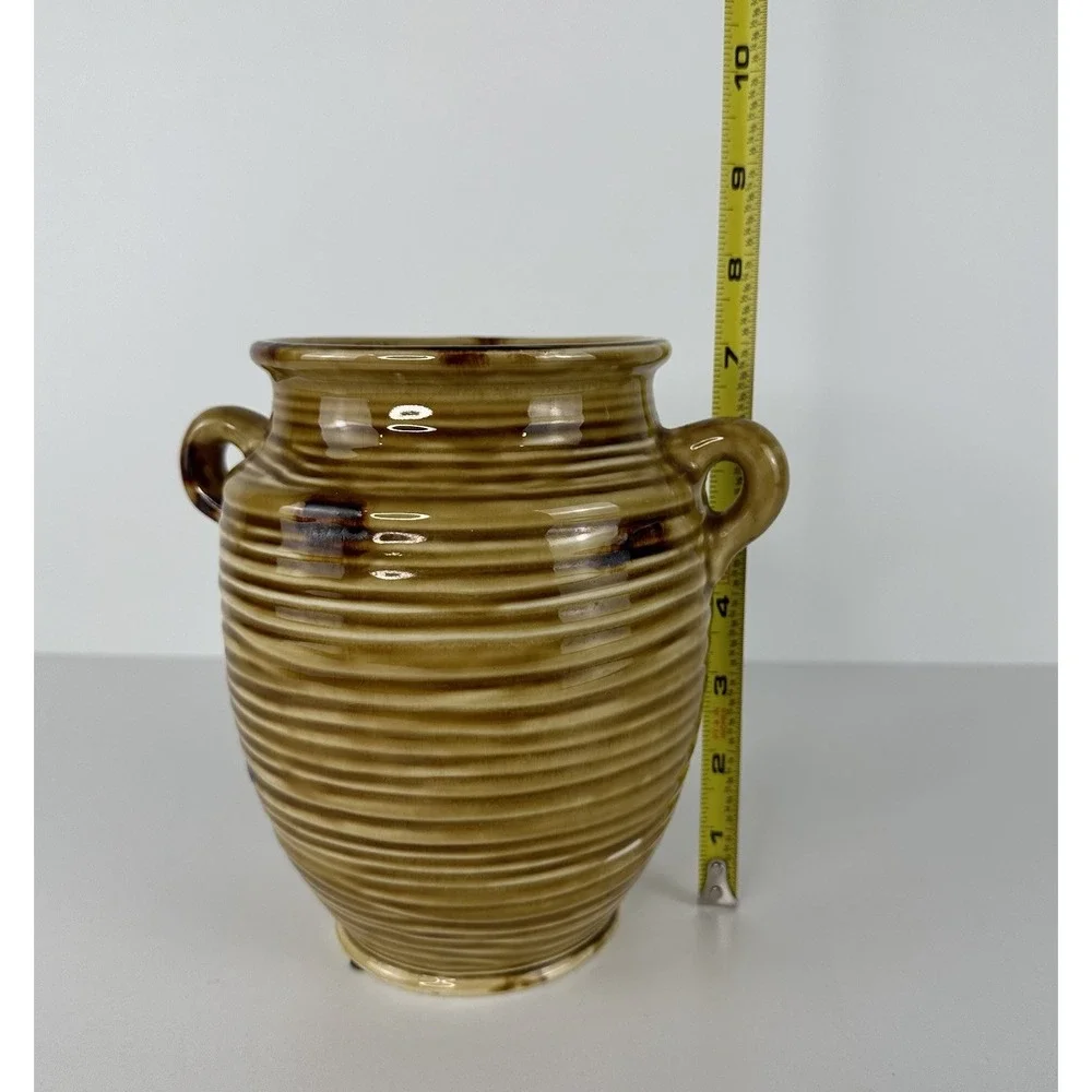 Vintage Clay Pottery Ribbed Jar Handles Utensil Crock 7x5 Gold Yellow Primitive
